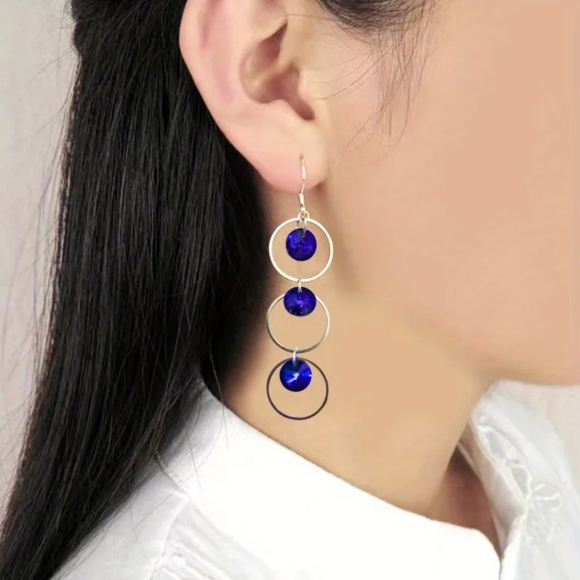 Handmade Jewelry - Y2K Retro Ethnic Style Hollow Circle With Blue Disc Dangle Earrings.